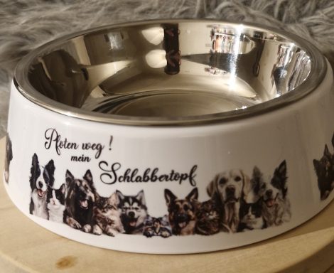 Schüssel mit Hunde-Motiv und silberner Innenseite, auf Holzunterlage.